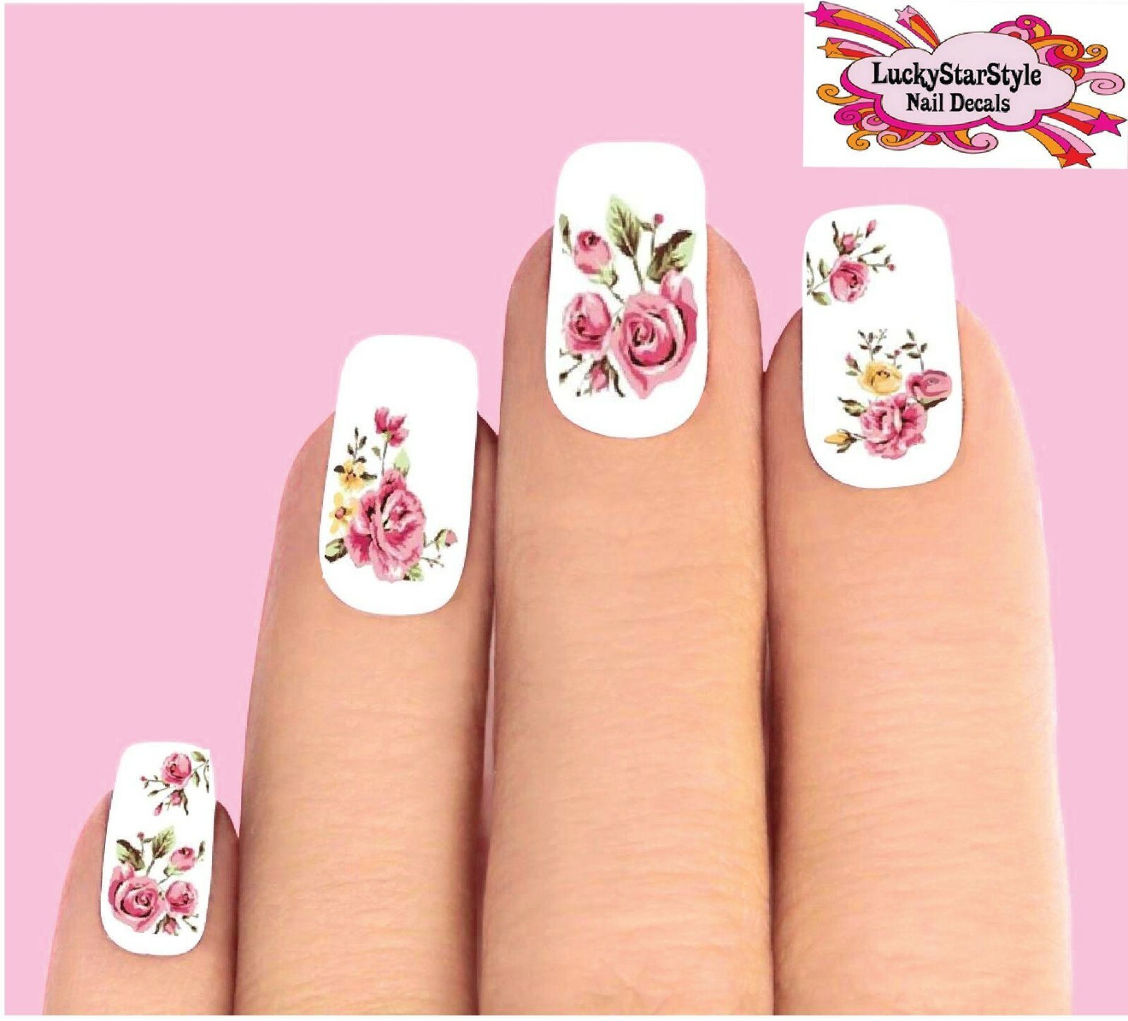 Waterslide Flowers Nail Decals Set of 20 – Pink & Yellow Roses Assorted