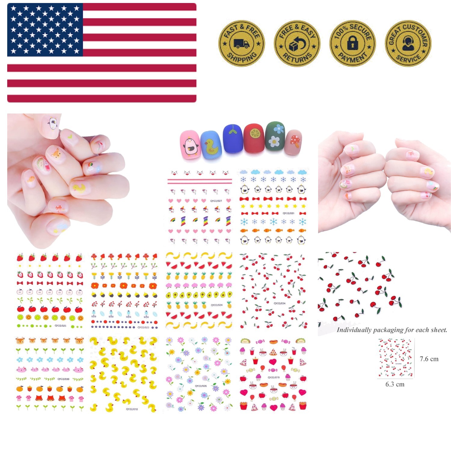 10 Sheets Cute Nail Stickers for Kids Including Animals Fruits Flowers Food R…