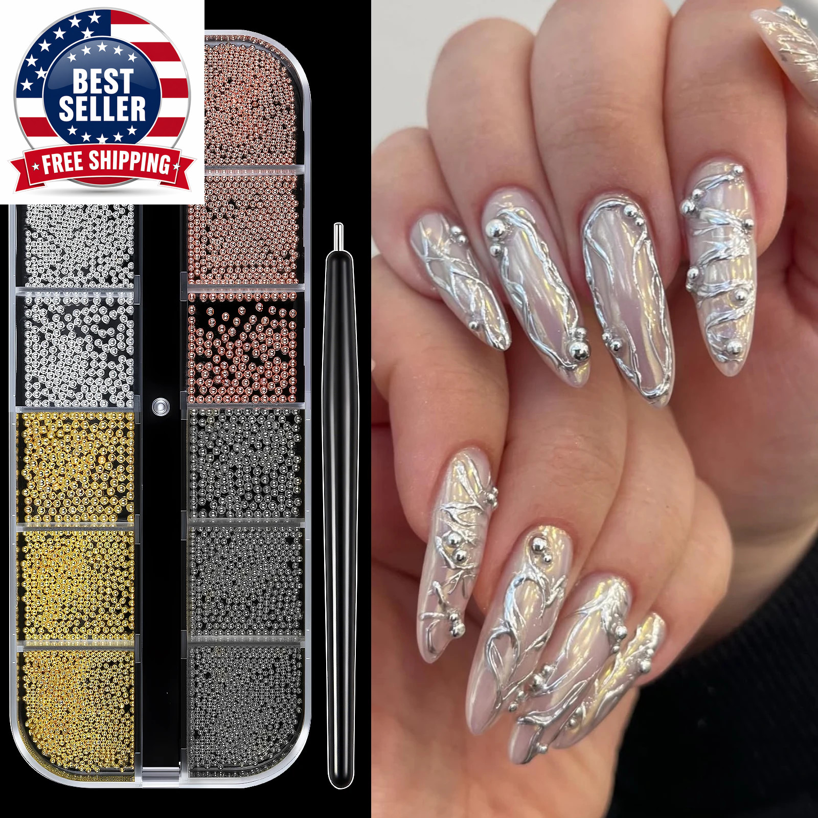 6 Grids Mini Caviar Beads Nail Art Decorations Metal Gold/Silver Micro Ball Nail