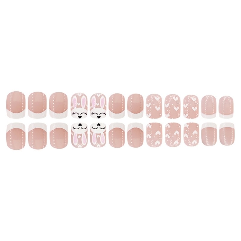 24 Pieces Short Square Press On Nail with Rabbit Designs Acrylic on Nail