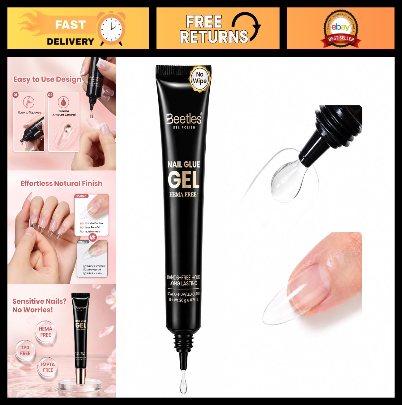 20g Clear Nail Tip Glue Gel – UV LED Adhesive, HEMA-Free, TPO-Free, No Wipe, Eas