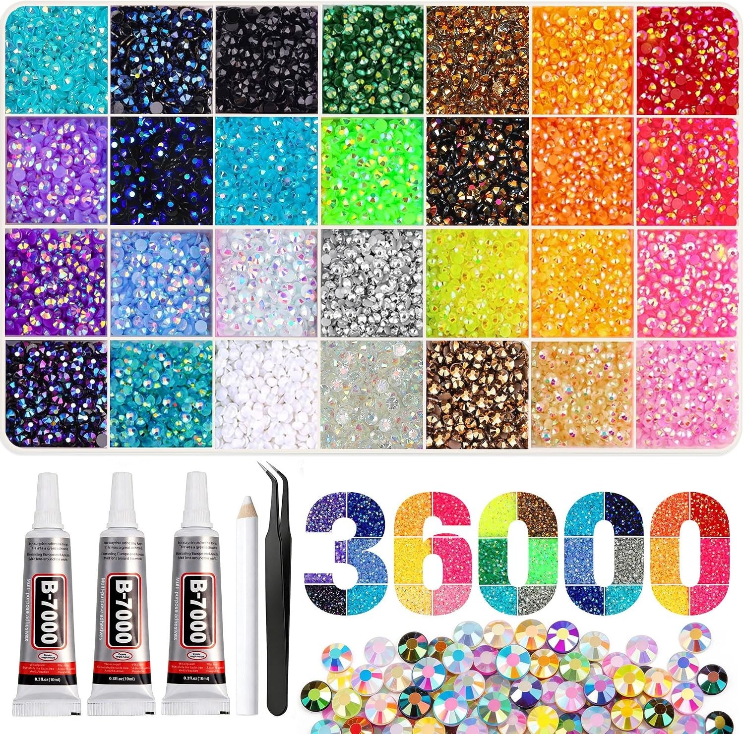 Deluxe 36000Pcs Jewel Rhinestone Kit – 3mm Flatbacks & B7000 Glue for Crafting