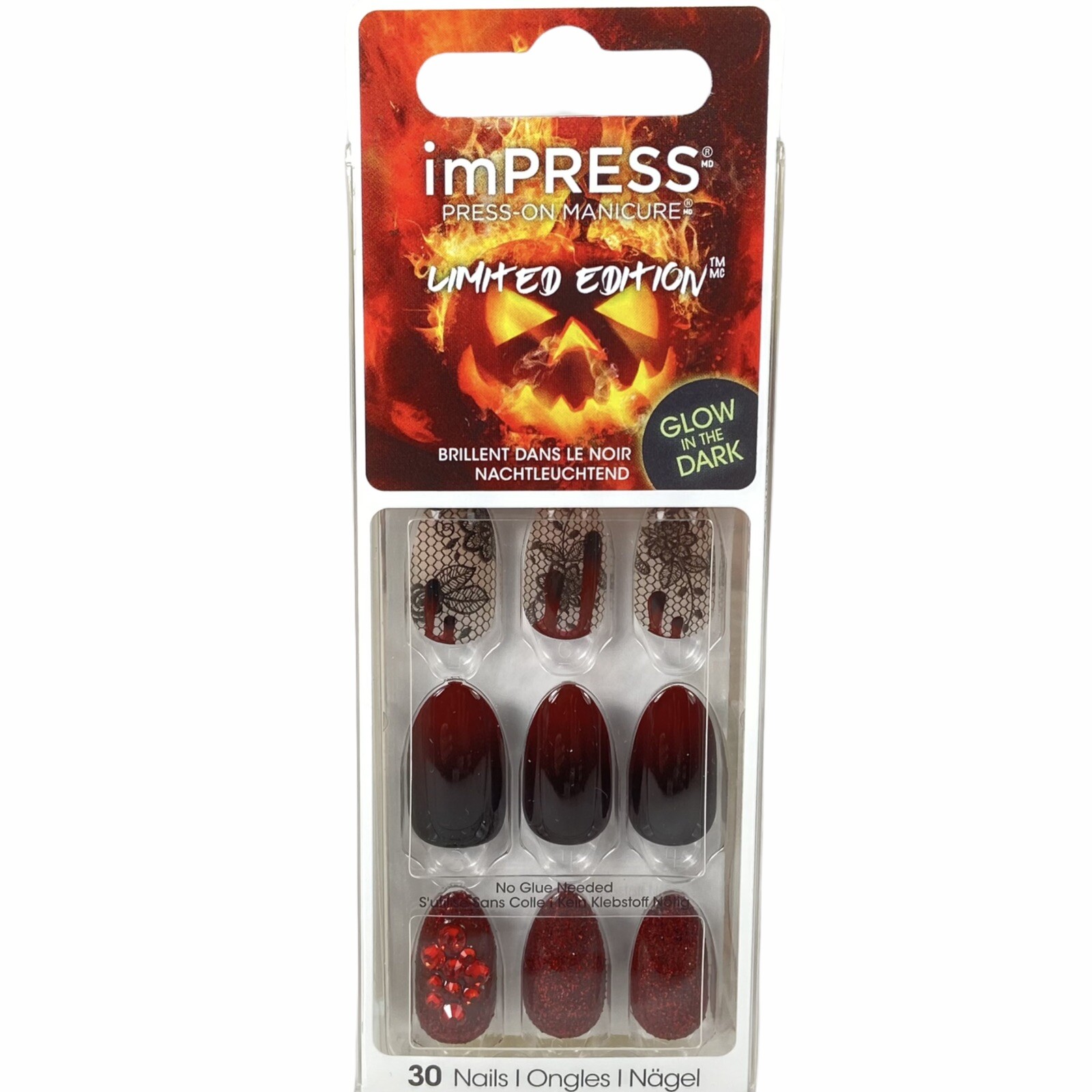 NEW Kiss Nails Impress Press On Manicure Medium Almond Red Black Lace Halloween