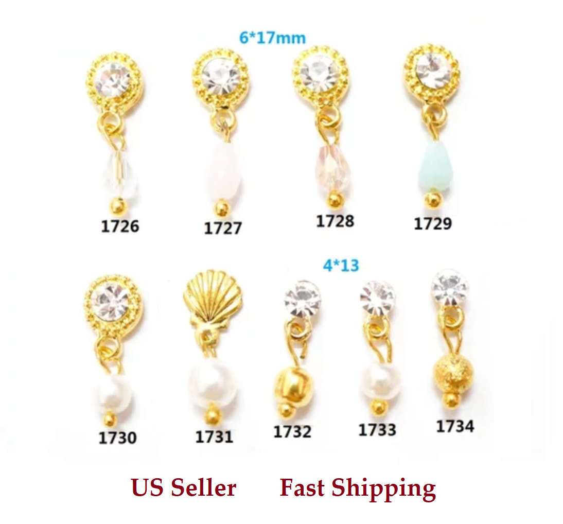 4pc New 3D Gold Shell Pearls Crystal Rhinestones Dangles Pendants Nail Art Decor