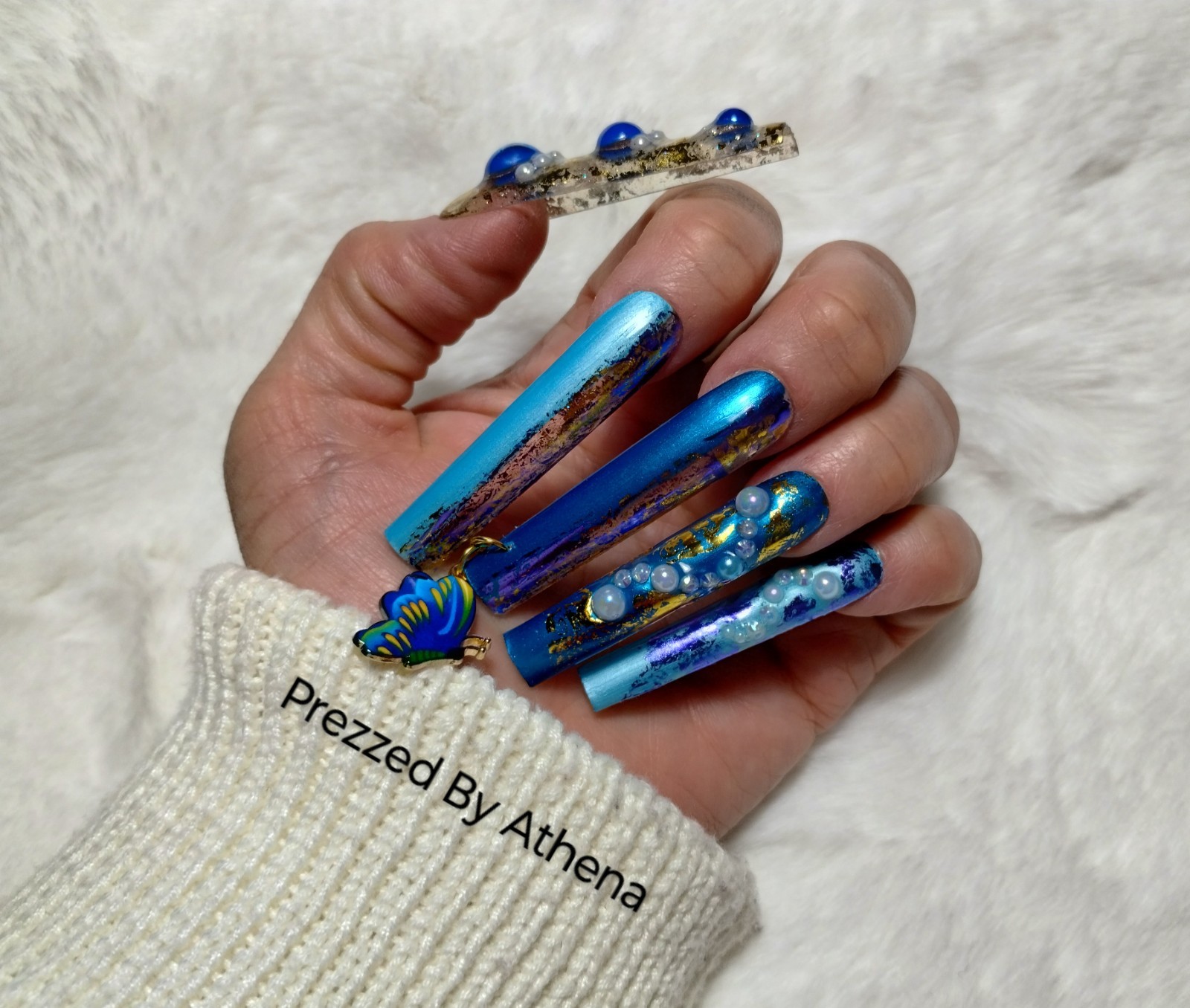 Luxury Handmade Press-On Nails I Reusable I Butterfly Blues I Square Shape l 3XL