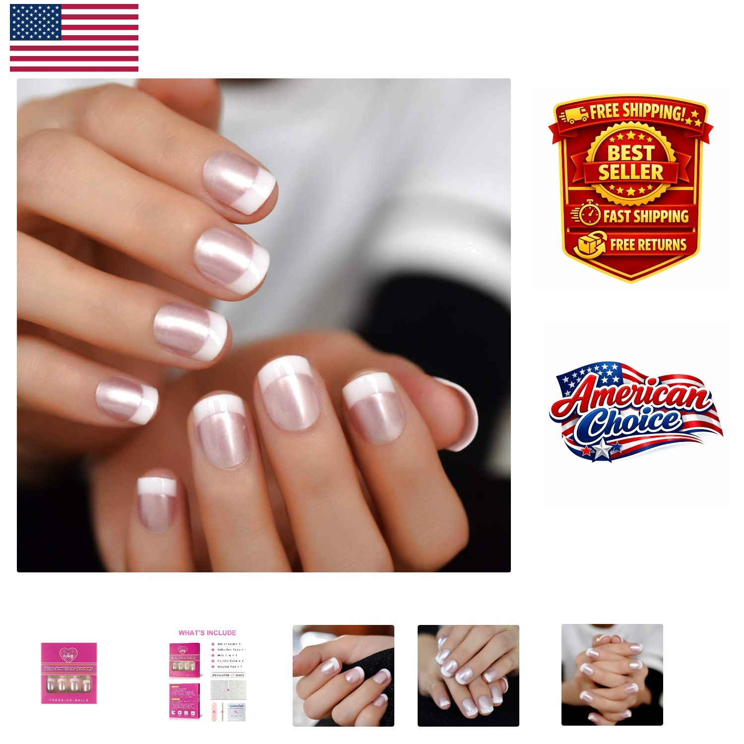 24 Pearl Shine Pink Short French Nails – Acrylic Press-Ons with Tabs