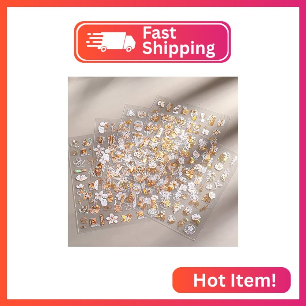 Flowers Nail Art Stickers, Holographic 3D Gold Nail Self-Adhesive Sticker Design