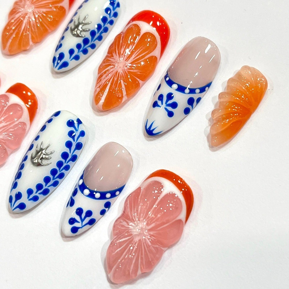 Orange Fruit Handmade Press on Nails Blue Floral Metal Charm Sweet Fake Nails