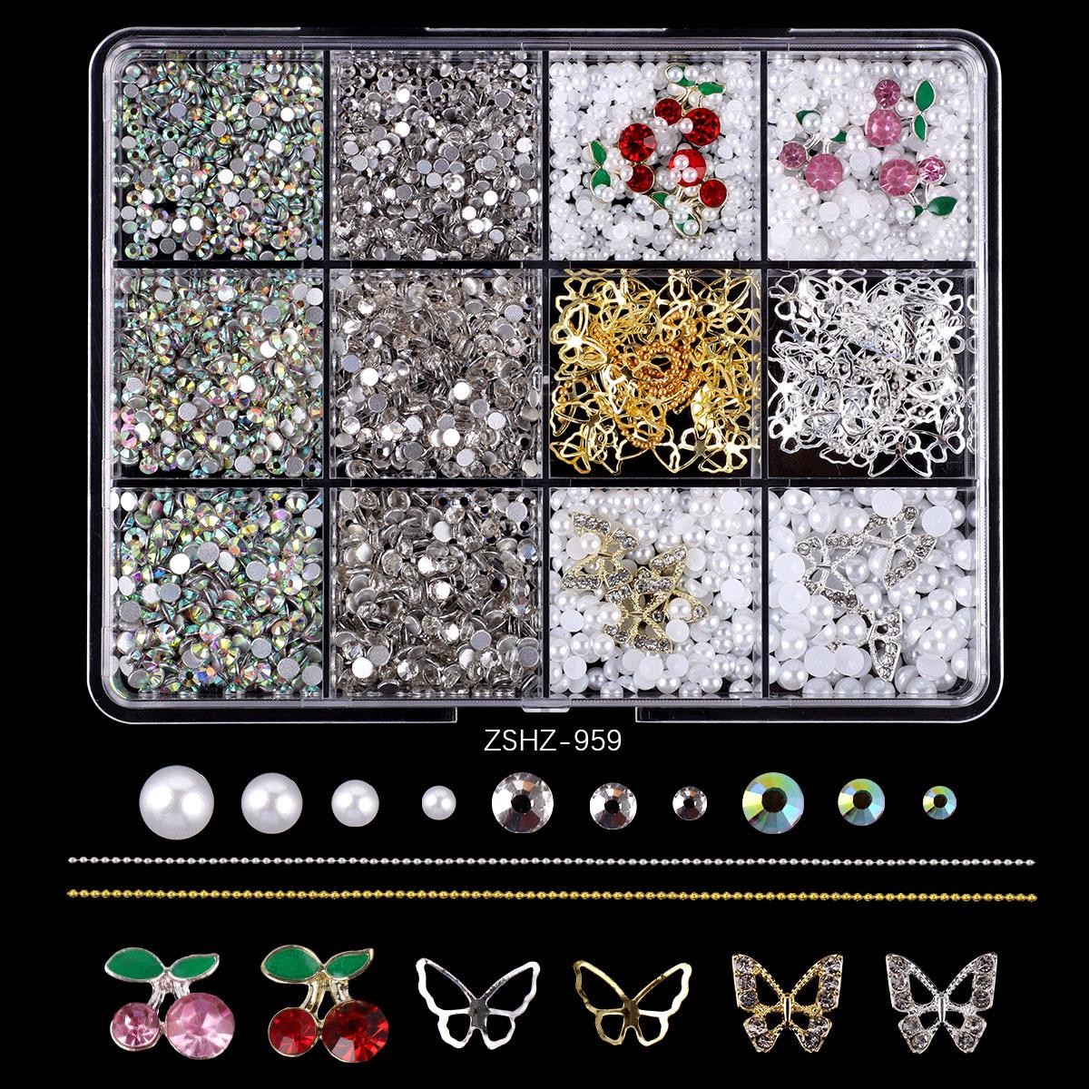Mixed Nail Charms Kit – 12 Grids Candy Color Flatback Gems, Rose Flowers DIY Box