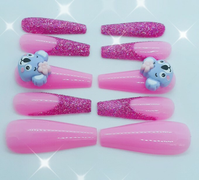 Pink Animal Nails Kawaii Pink Nails Pink Party Nails Koala Bear Lover Gift-sale