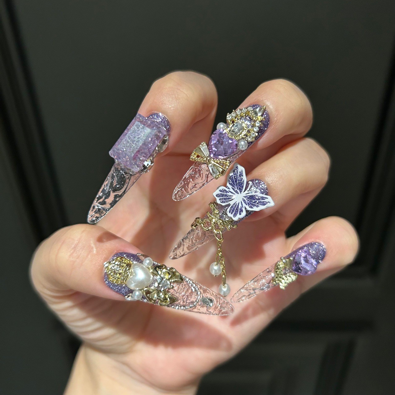 Handmade Purple Crystal Butterfly 3D Cat Eye Glitter Press On Nails