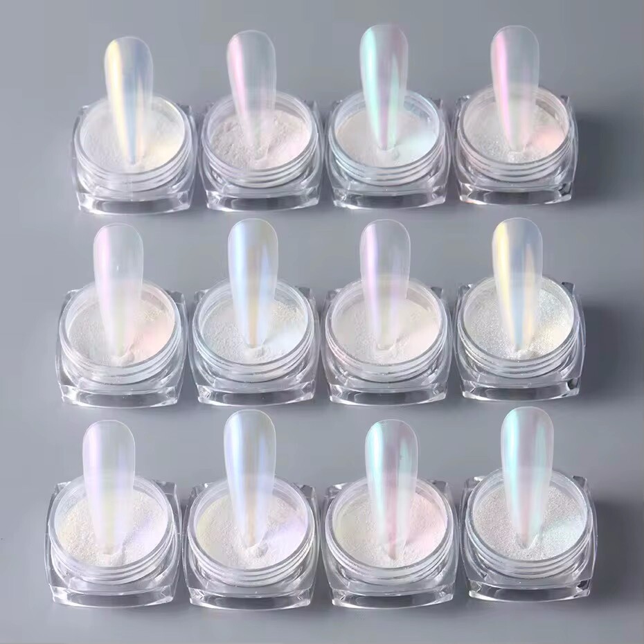 12pcs/Set Aurora Mirror Nail Chrome Powder Set Pearl White Rubbing Chrome Dust.