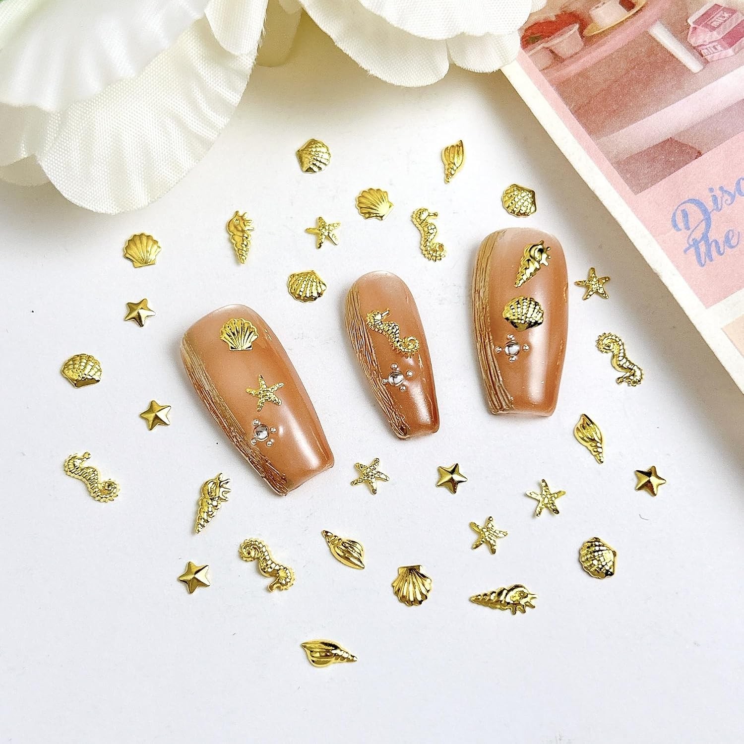 600Pcs Gold Starfish Nail Charms 3D Alloy Summer Ocean Nail Rhinestones Starfish