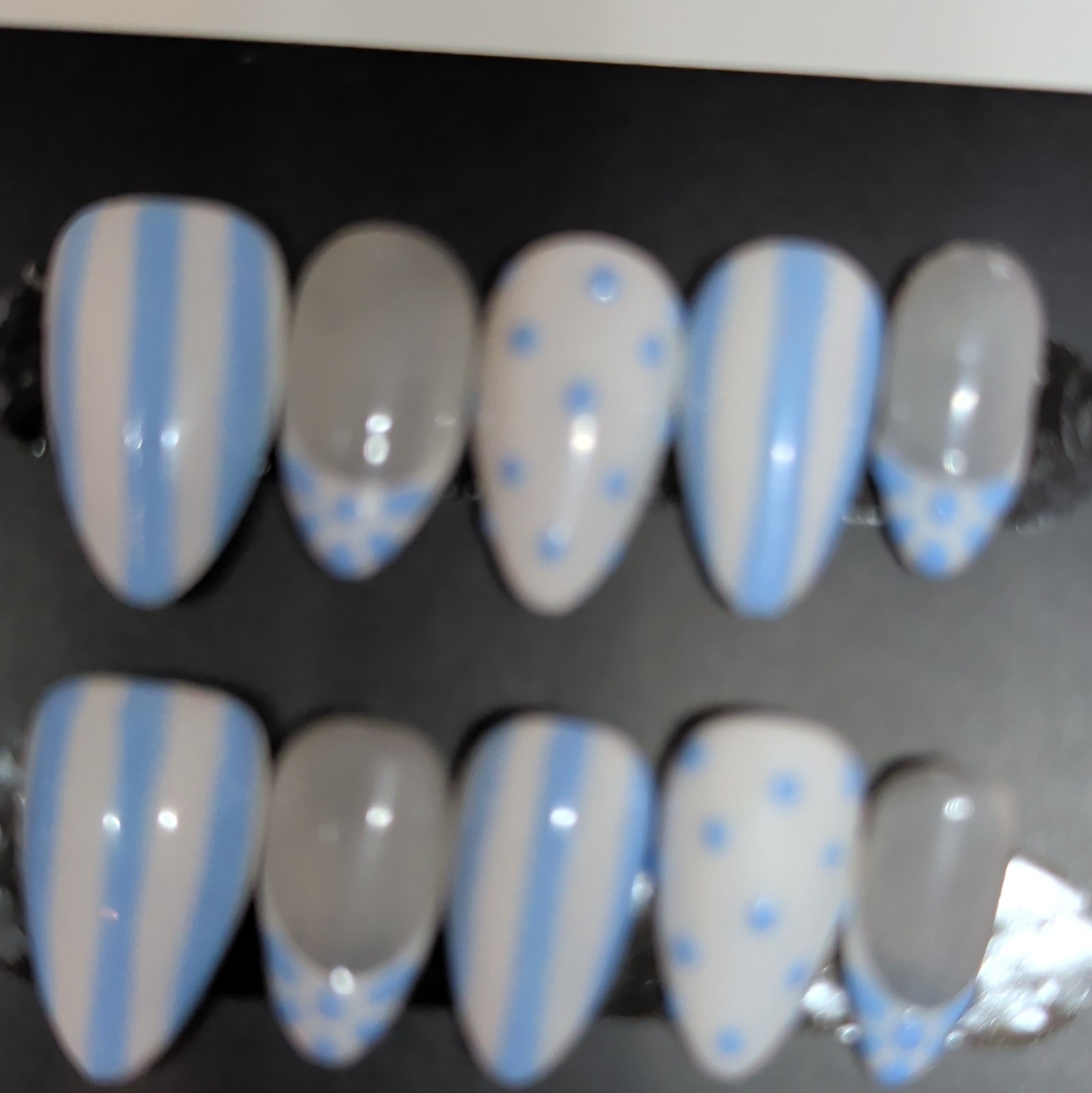 10 Piece Medium Almond Press-On Nails, Full Cover Shiny Blue White Polka!