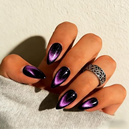 Cat Eye Press On Nails Almond – Dark Purple Press On Nails almond black purple