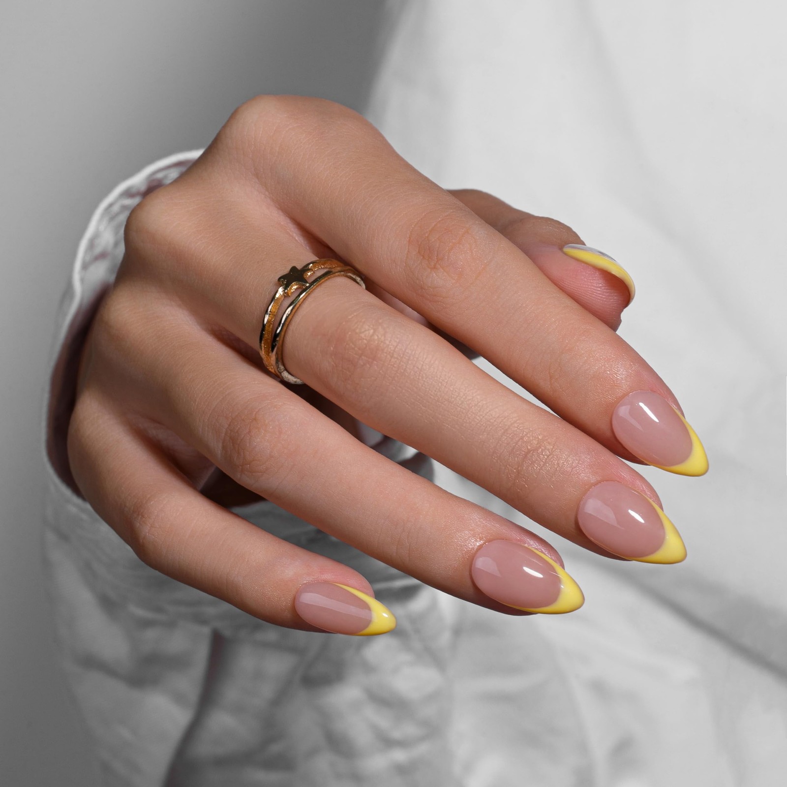 KQueenest Yellow French Tip Press On Nails Short Almond, 30 Pcs Acrylic Press…