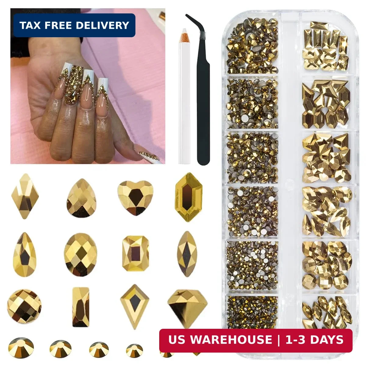 qiipii 2052Pcs Mine Gold Nail Rhinestones 72 Multi Shapes Flatback metallic gold