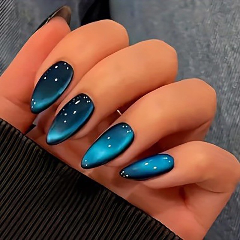 48PCS Medium Voltage Almond Fake Nail Lake Blue Flash Removable Nail Art