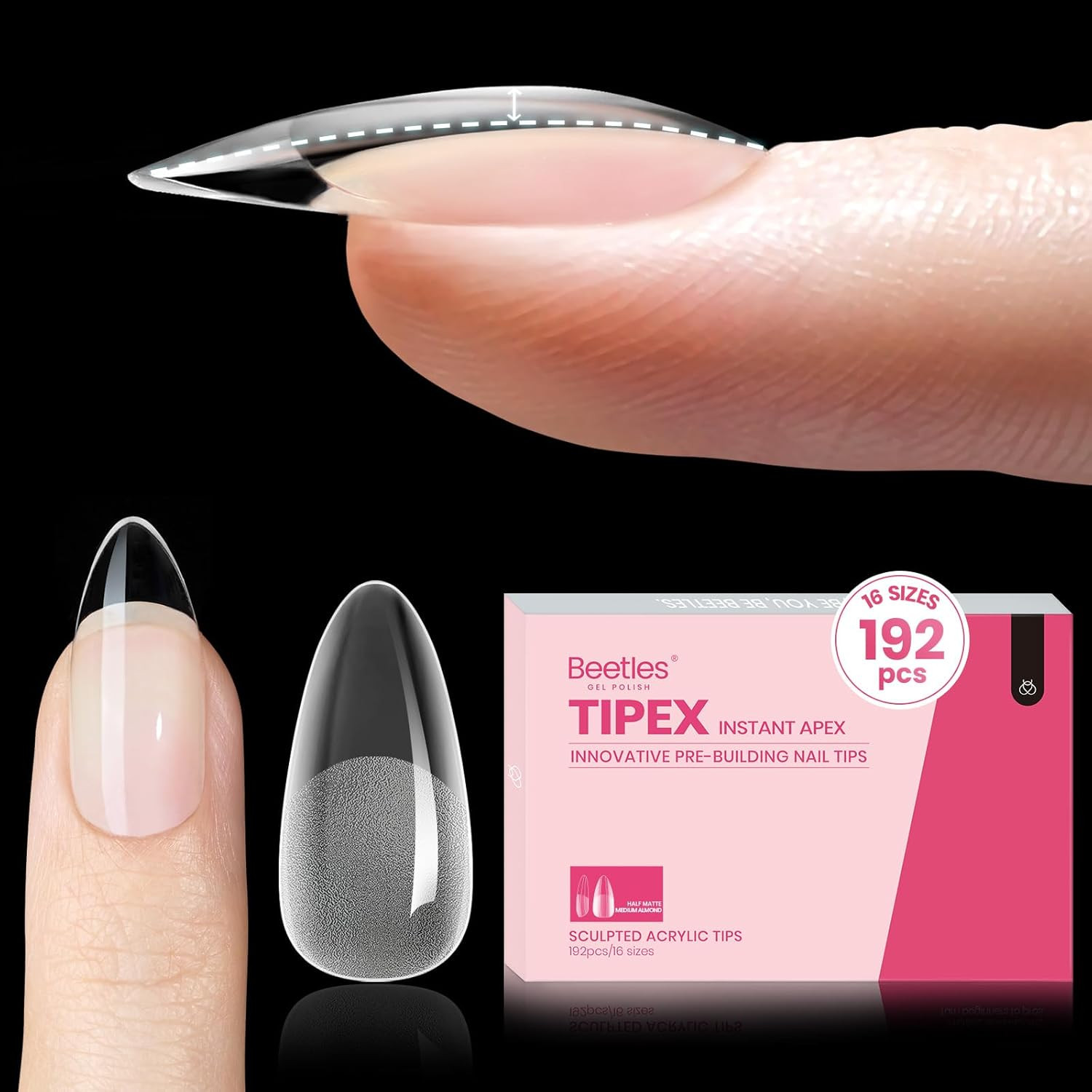 Beetles Tipex Instant Apex Nail Tips Almond Medium Acrylic Nail Tips, Pre-Etched