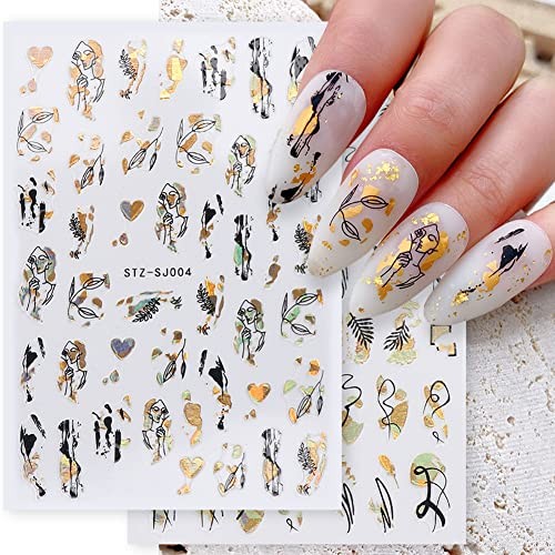 9 Sheets Gold Nail Art Stickers,Abstract Line Geometry French Manicure Decals