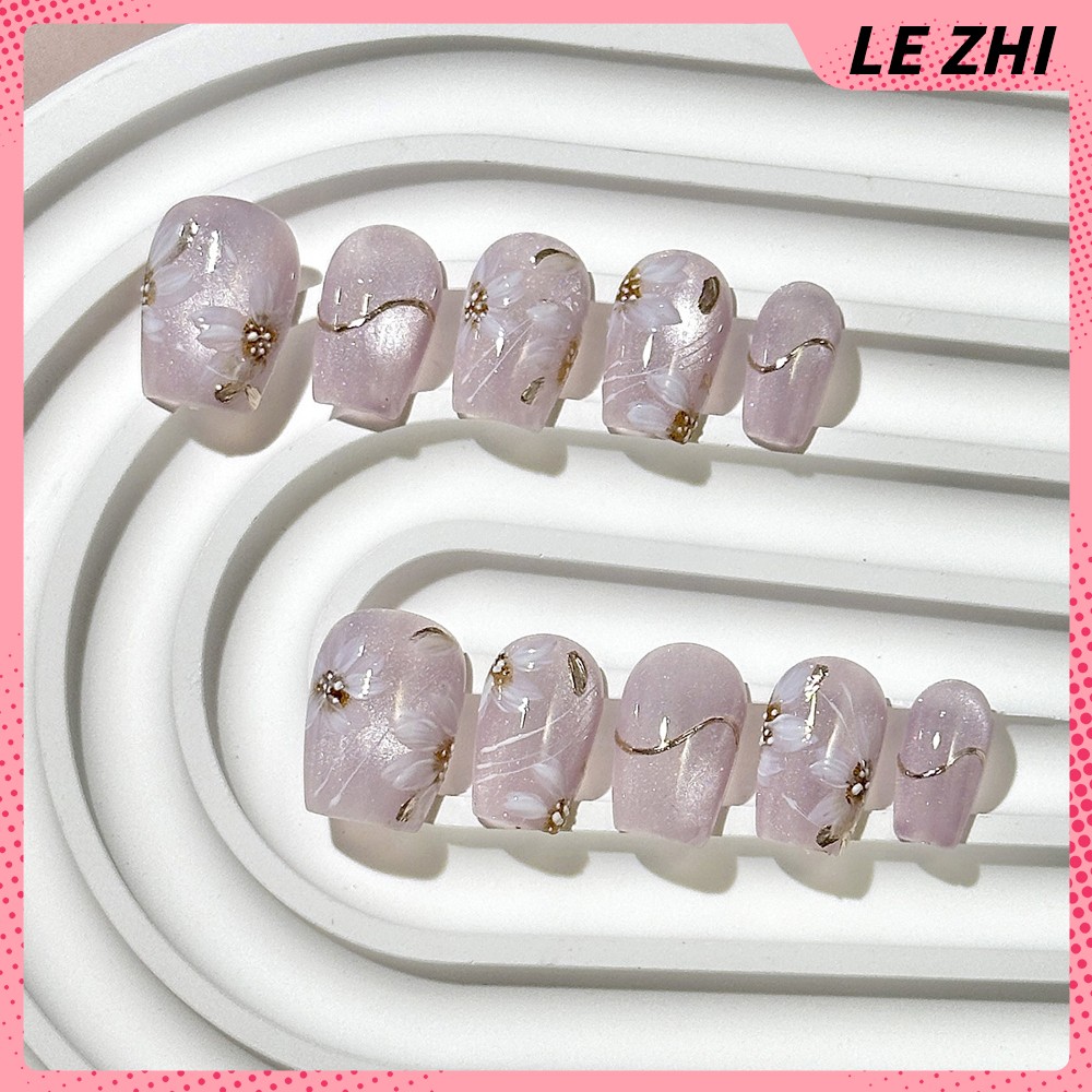 10Pcs Handmade Press on Nails Cat Eyes Flowers Square Ellipse Pearl Diamond