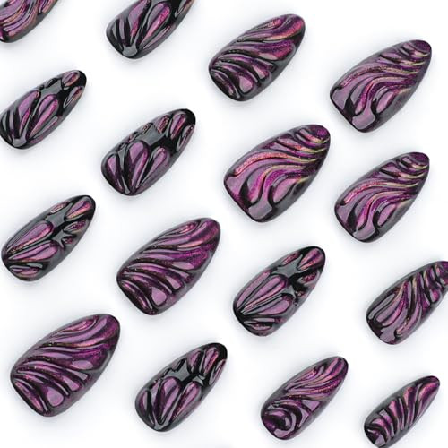 Purple Nails Press on Almond Fake Nails Medium Glossy Glue on Nails style23
