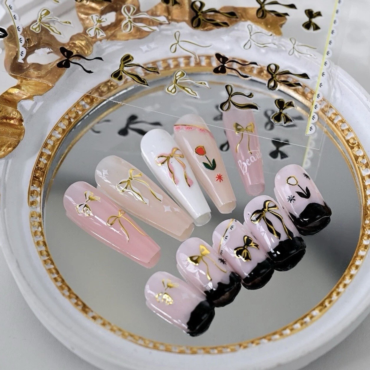 2sets Pink & Black Bow Nail Stickers 3D Coquette Ribbon Decals Y2K Nail Art DIY