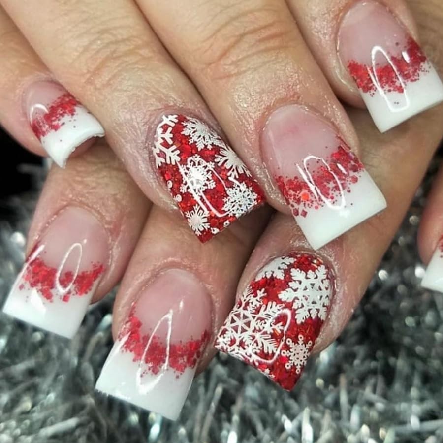 2 Packs 48Pcs Christmas Press on Nails Short Square Fake Nails Red Green Glit…