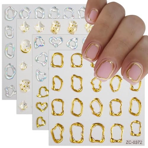 6 Sheets 3D Embossed Gold Irregular Geometric Nail Art Stickers Decals Self