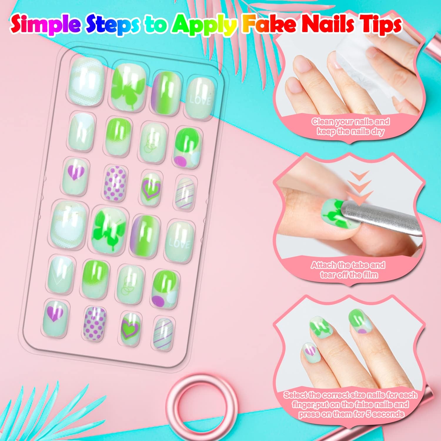144 Pieces Fake Nails for Kids Girls Artificial Press on Multicolor