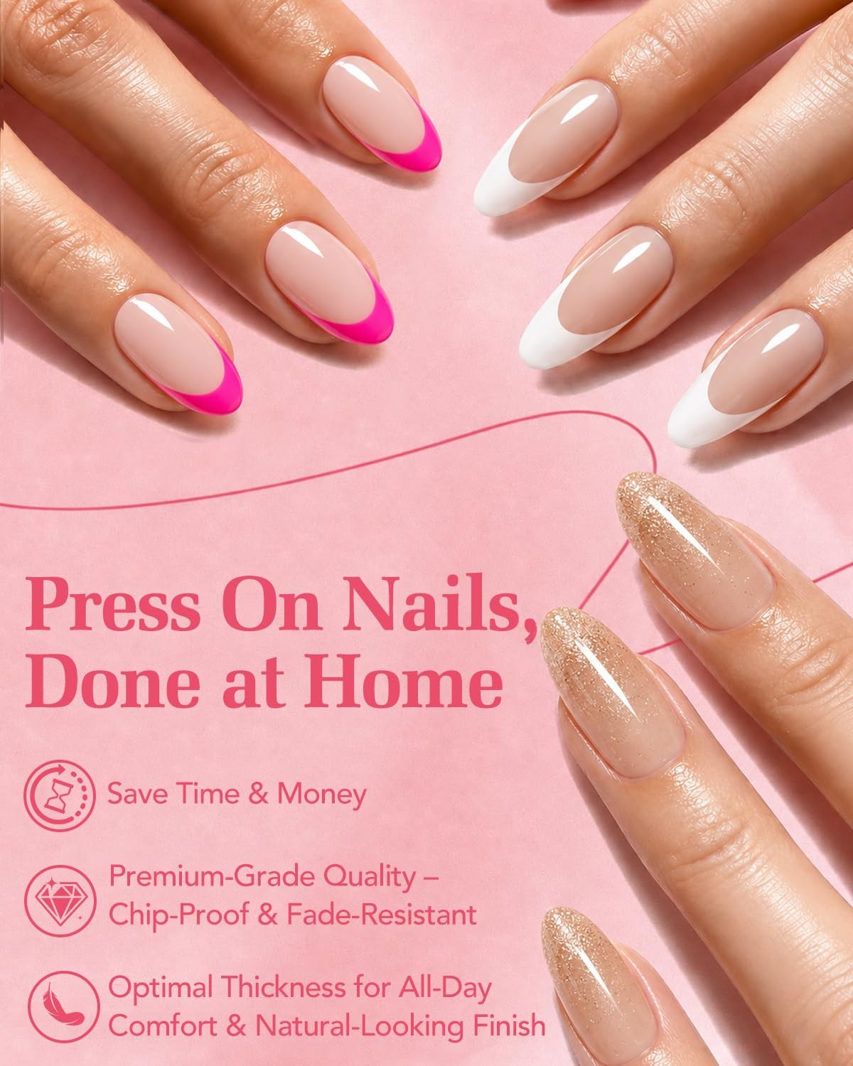 Skiennix Almond Press On Nails Gold Glitter Ombre French