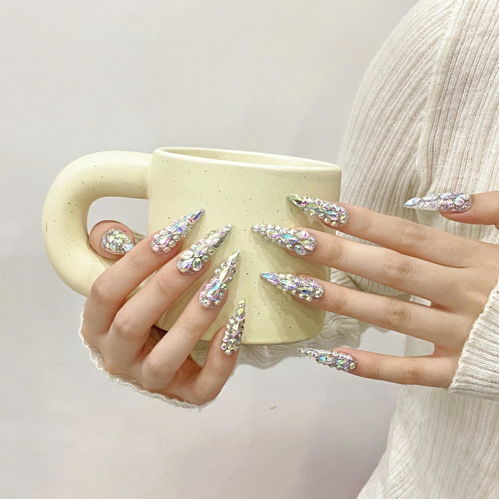 Handmade Colorful Full Stone Press On Nails Short Square Shimmery False Nails