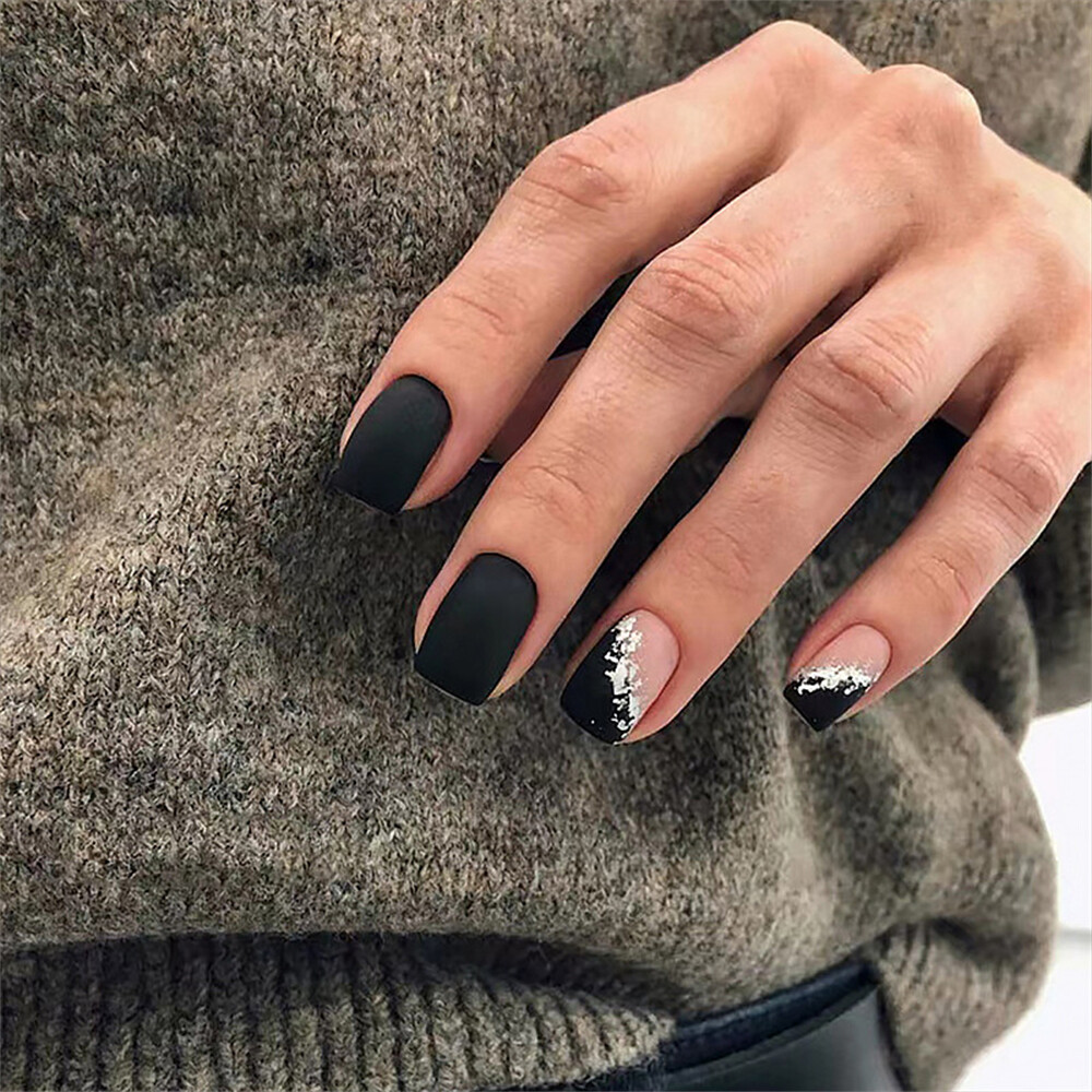 Square Short False Nail Matte Black French Press on Nails for Nail Art 24pcs