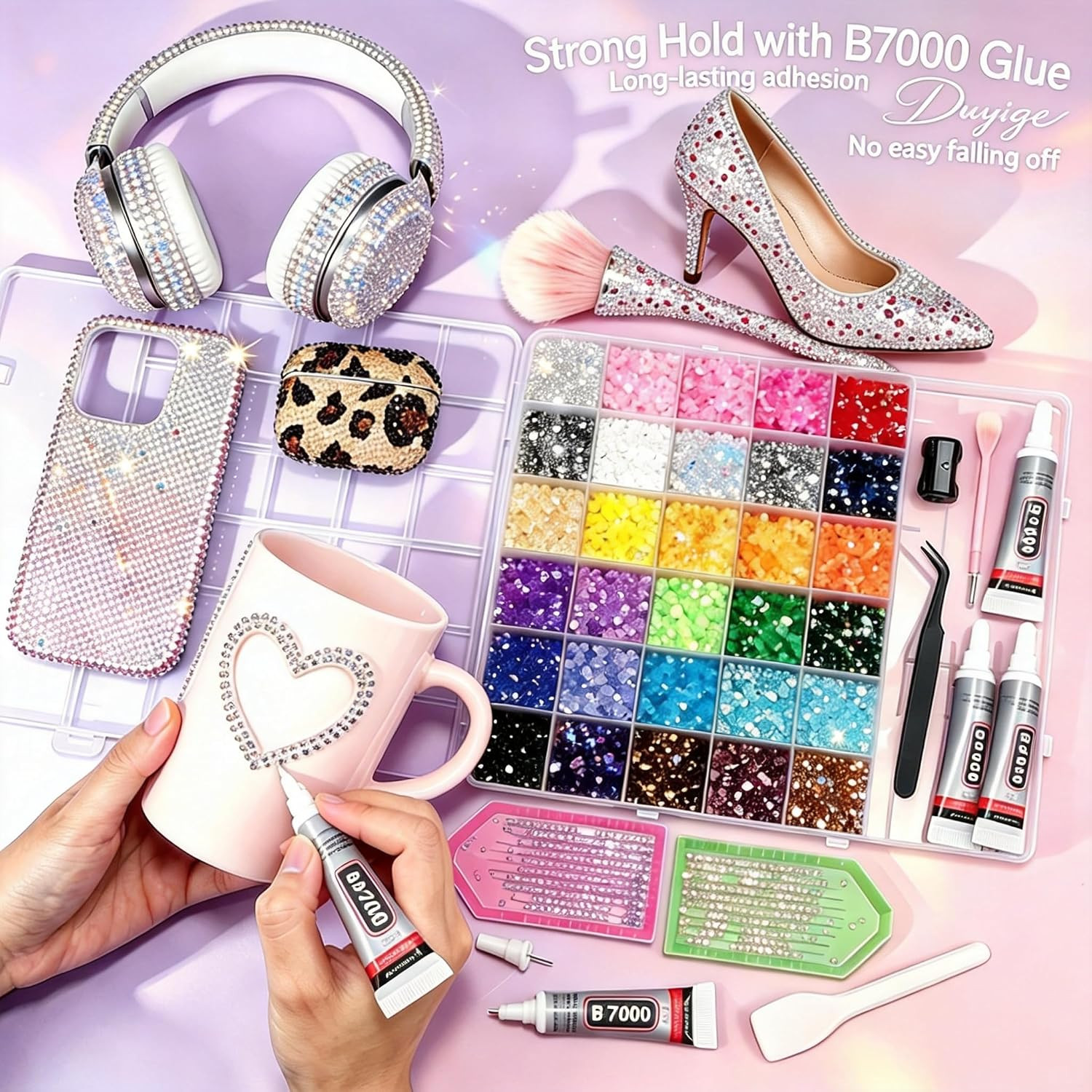 Bling Kit for Crafts, 30 Colors 3Mm Flat Back Rhinestones with 4 B7000 Glue, Bed