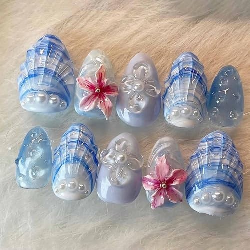30Pcs Blue Summer Press on Nails Short Almond Fake Nails ocean fake nails-2