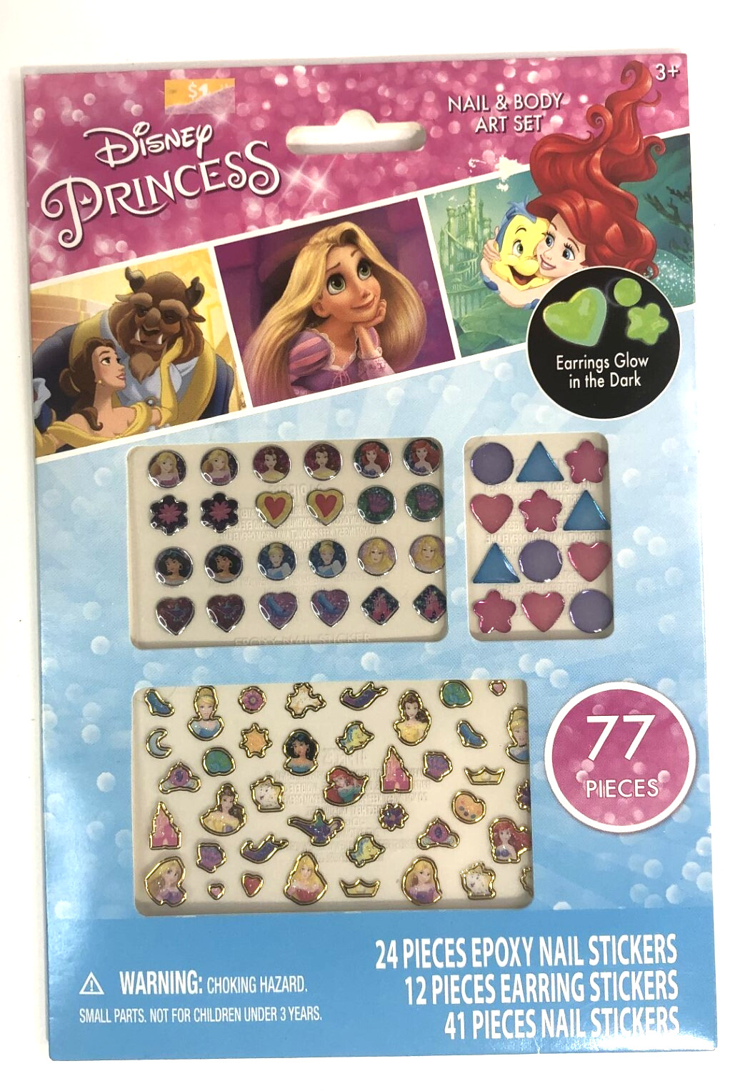 Disney PRINCESS Nail & Body Art Set 77ct EARRING STICKERS & Glow in the Dark FSH