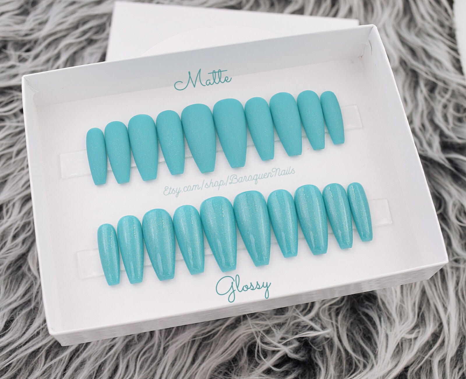 Teal Green Press On Nails Shimmer Aqua Fake Nails Turquoise MermaidGlue On Nails