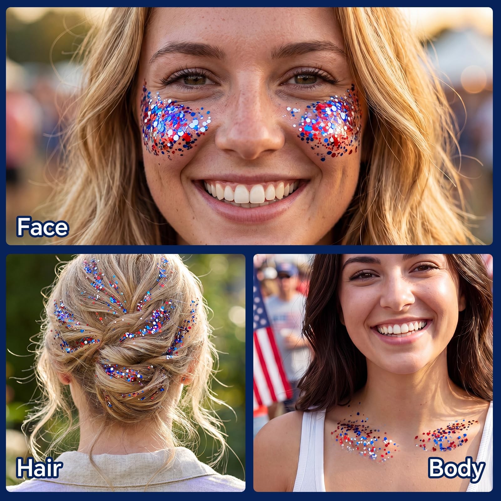 Red White and Blue Face Body Glitter Stick, 4th of July Accessories for Women…