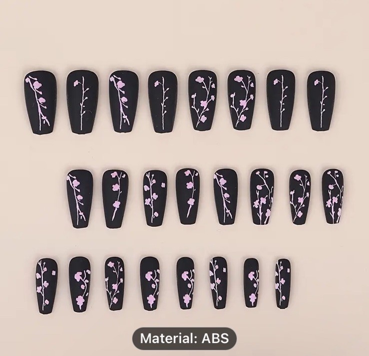 Medium 24 Pc Black & Pink Cherry Blossom Nail Tips Boxed Glue & Tabs Nails