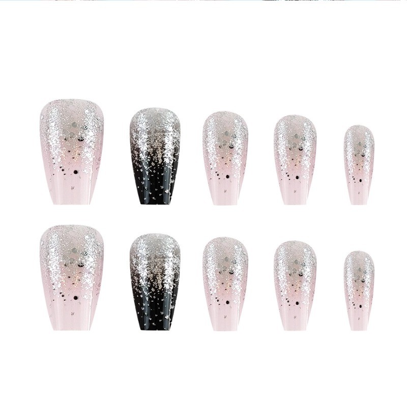 48pcs-Elegant Black & Silver Nails, Press on Coffin with Sparkly Ombre Effect