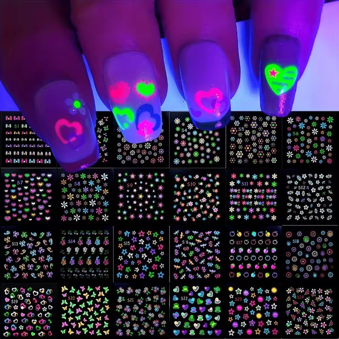 Fluorescent Multicolor Nail Art Stickers Flowers Hearts Stars Butterflies