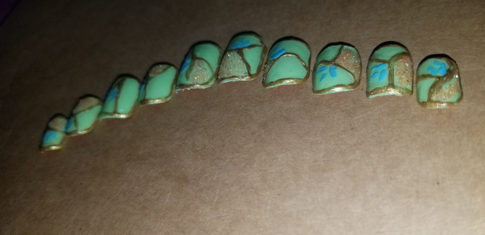 Kawaii Press On Nails|Neon Green Gold Orange Glitter | Short Square Gel 10PC