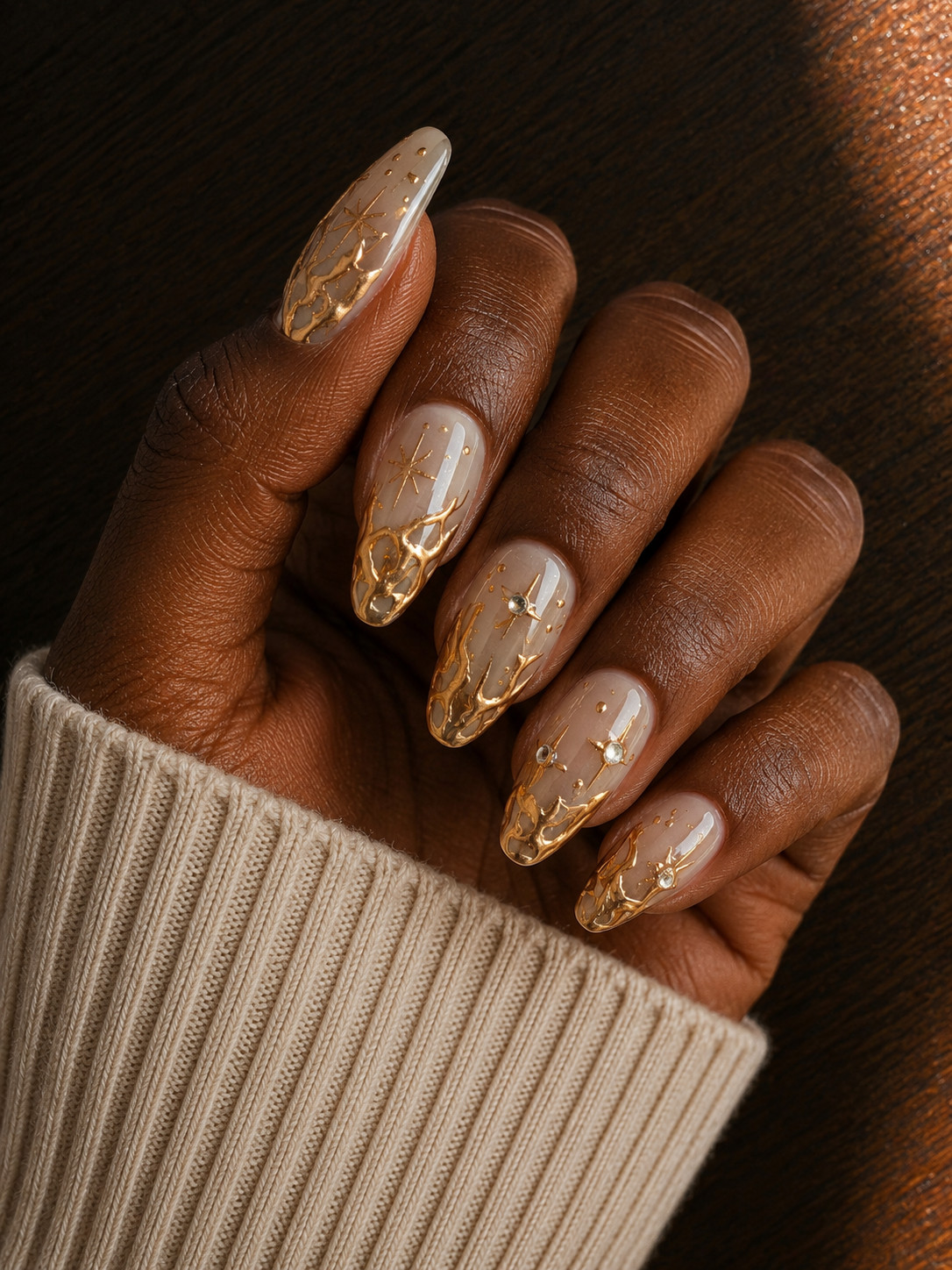Starlight Press-On Nails | Nude/Gold French Tip | Medium Almond| 10-Piece Set