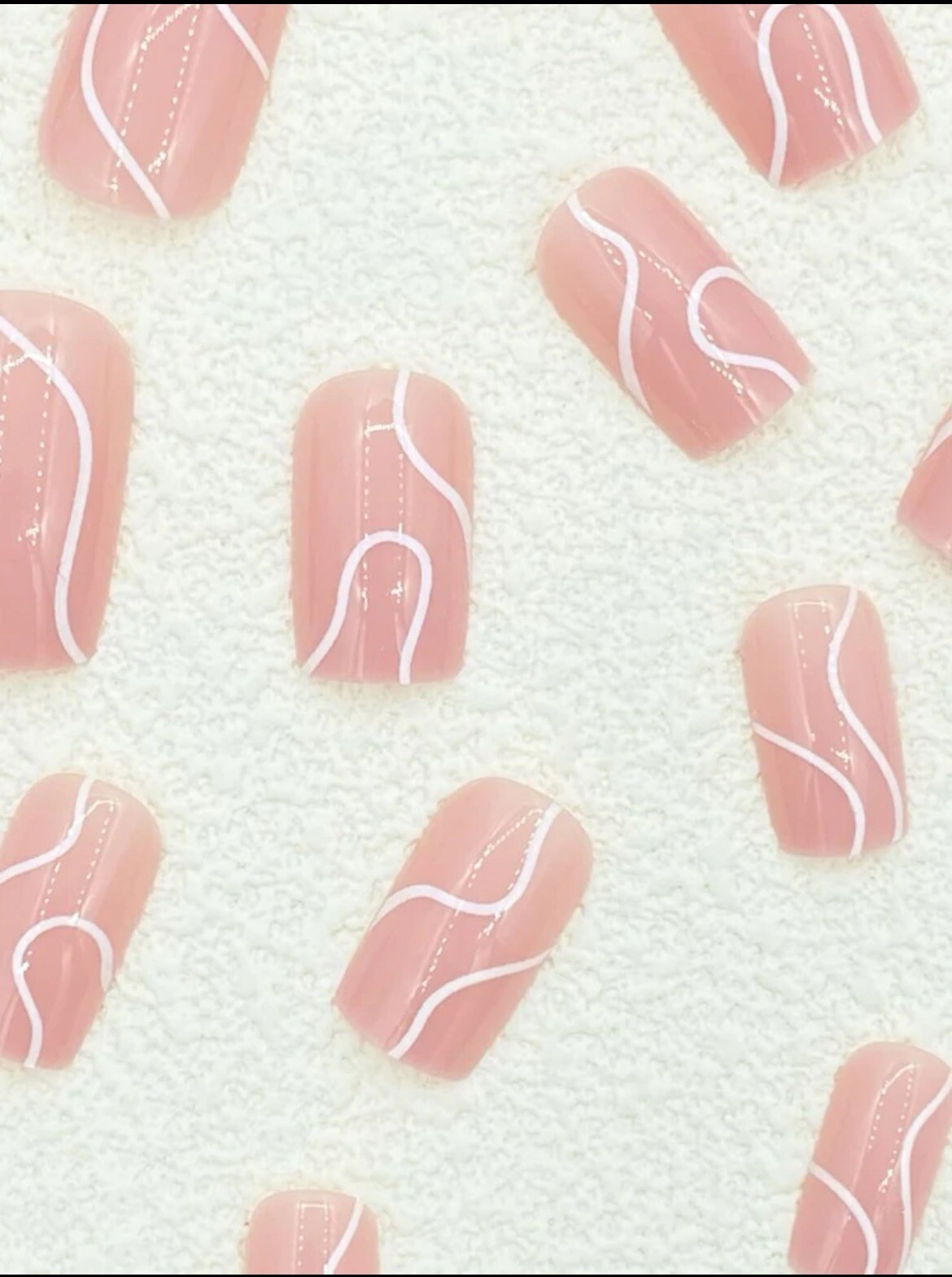 Pink Nude Square Press On Nails With White Abstract Swirls Set