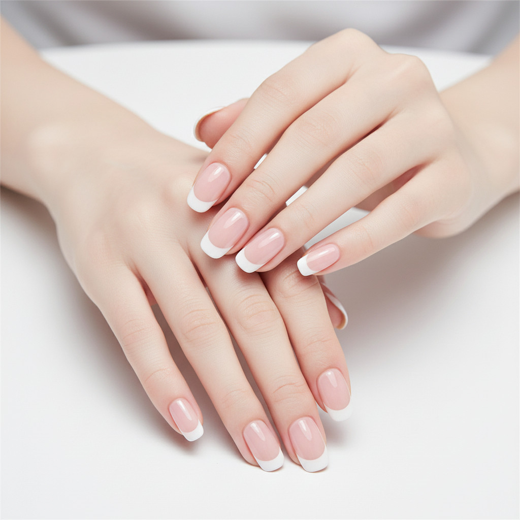 THE MIMO Press-On Nails Square – Nude Beige French Tip, 24pcs Reusable Set
