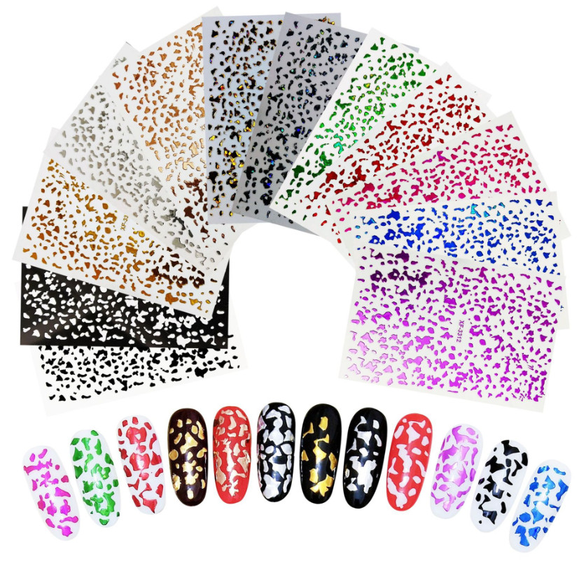 12Pcs Lepoard Print Nail Art Sticker Laser Gold Art Decal Self-Adhesive NH15