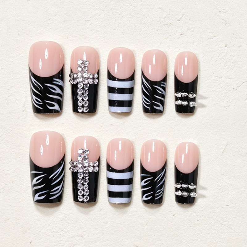 48Pcs Coffin Press on Nails, Black White Zebra Rhinestone Cross Cool Fake Nails