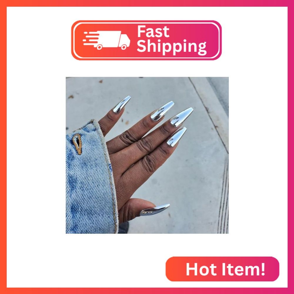iMABC Silver Punk Metallic Press On False Nails Long Coffin Ballerina Chrome Mir