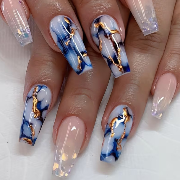 24 Pcs Press-On Nails – Long Coffin Glossy- Blue, White, Nude, Gold w/Glitter