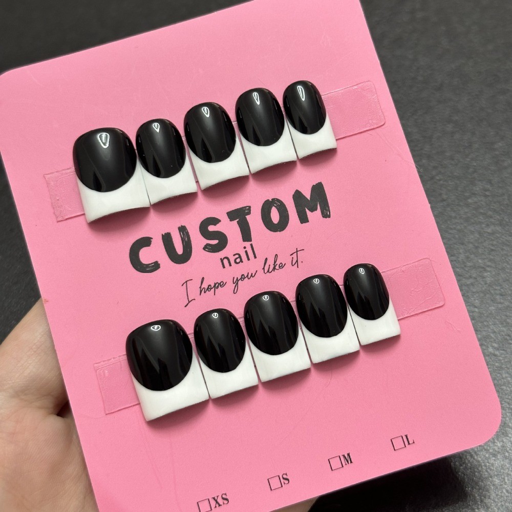 10pcs Black White French Press on Nails Short Square Fake Nail Art Tips